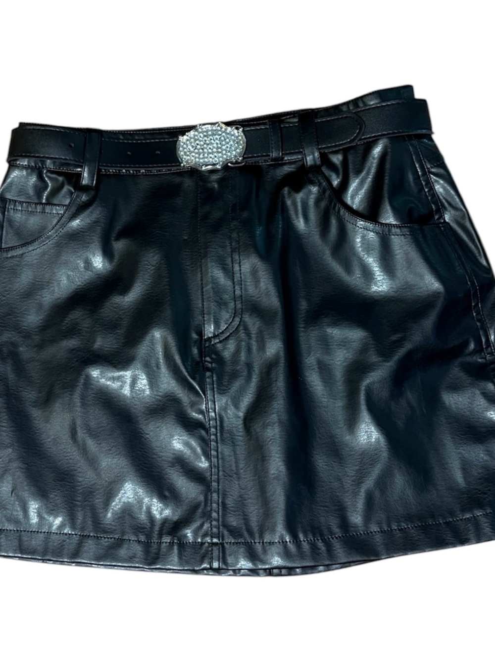rave Black Faux Leather Mini Skirt with Decorative Buckle Belt